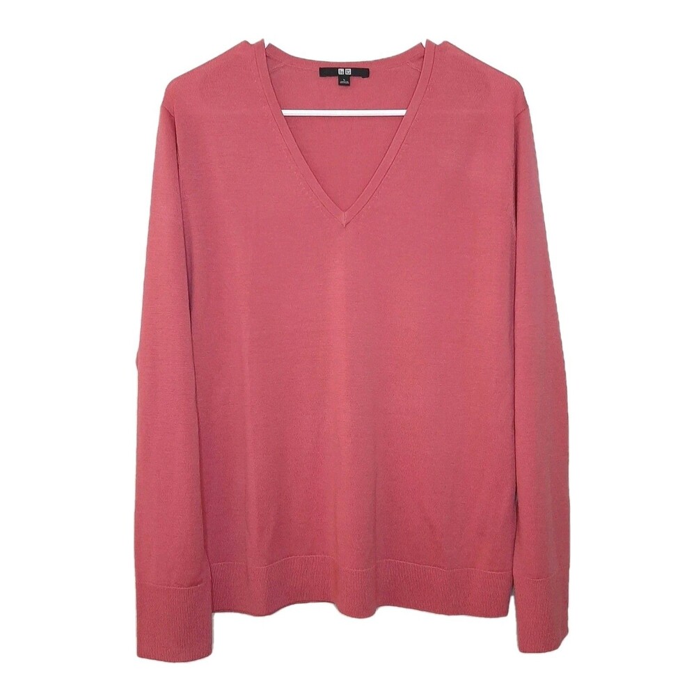 Uniqlo Sweater Coral Women Size L Knit 100% Wool V-Neck Lightweight Long Sleeve